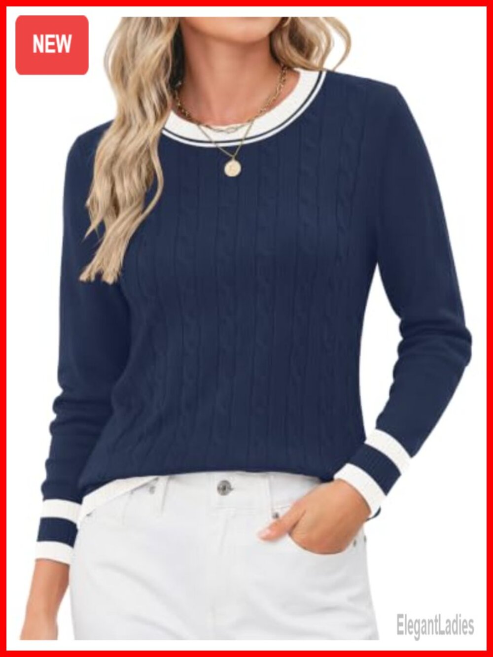 Womens Contrast Trim Cable Knit Crew Neck Pullover Sweater
